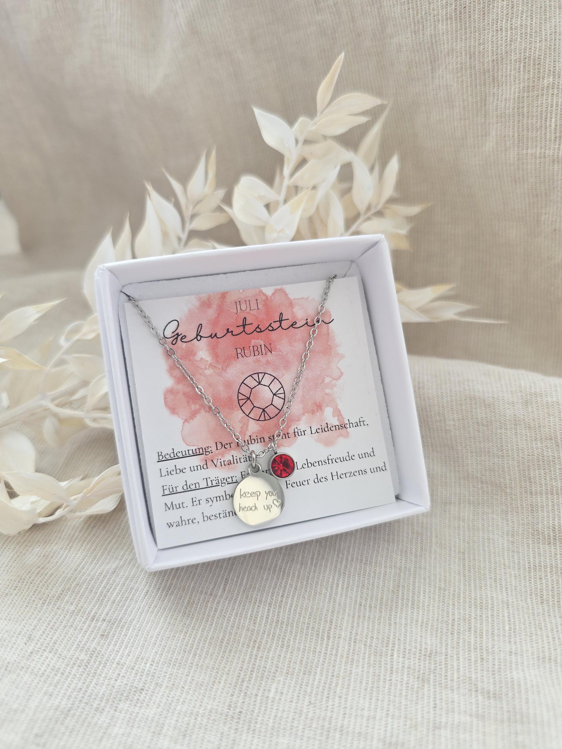 Geburtssteinkette Juli Rubin | wasserfeste Edelstahl Halskette in Gold,Silber,Rosé mit Geburtsstein Anhänger | Geschenk Frauen,Mädchen