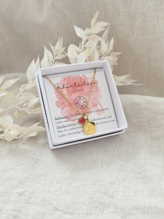 Geburtssteinkette Juli Rubin | wasserfeste Edelstahl Halskette in Gold,Silber,Rosé mit Geburtsstein Anhänger | Geschenk Frauen,Mädchen
