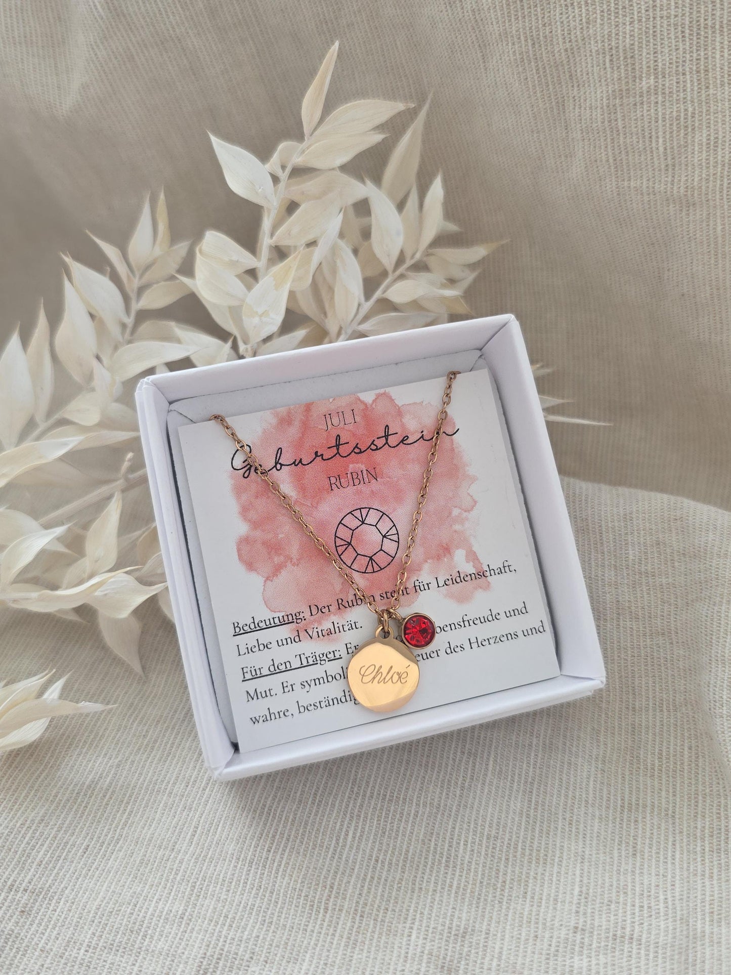 Geburtssteinkette Juli Rubin | wasserfeste Edelstahl Halskette in Gold,Silber,Rosé mit Geburtsstein Anhänger | Geschenk Frauen,Mädchen