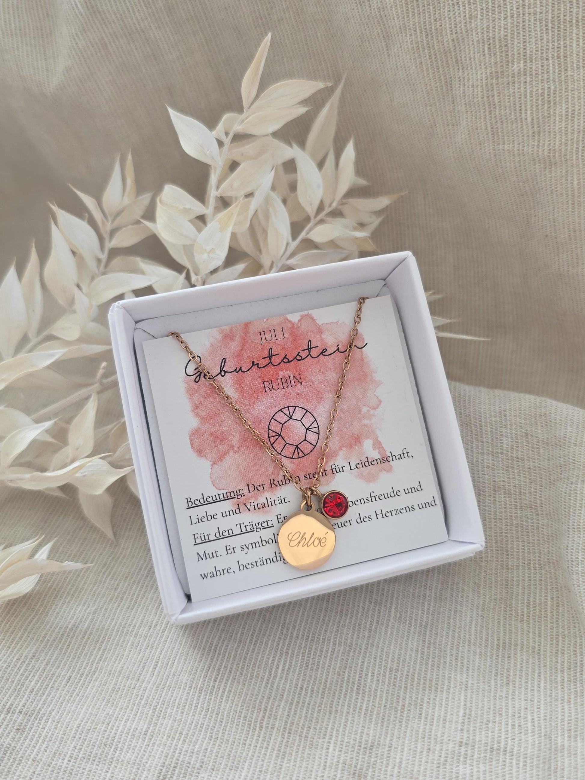 Geburtssteinkette Juli Rubin | wasserfeste Edelstahl Halskette in Gold,Silber,Rosé mit Geburtsstein Anhänger | Geschenk Frauen,Mädchen