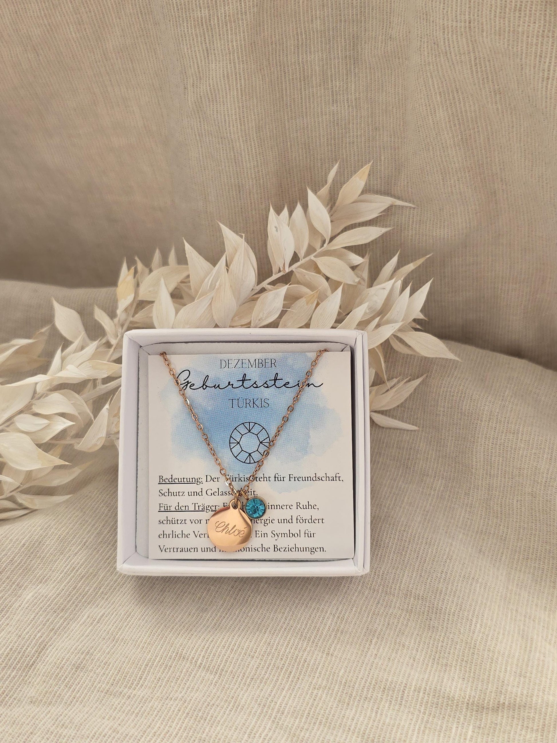 Geburtssteinkette Dezember Türkis | wasserfeste Edelstahl Halskette Gold,Silber,Rosé mit Geburtsstein Anhänger | Geschenk Frau,Mädchen