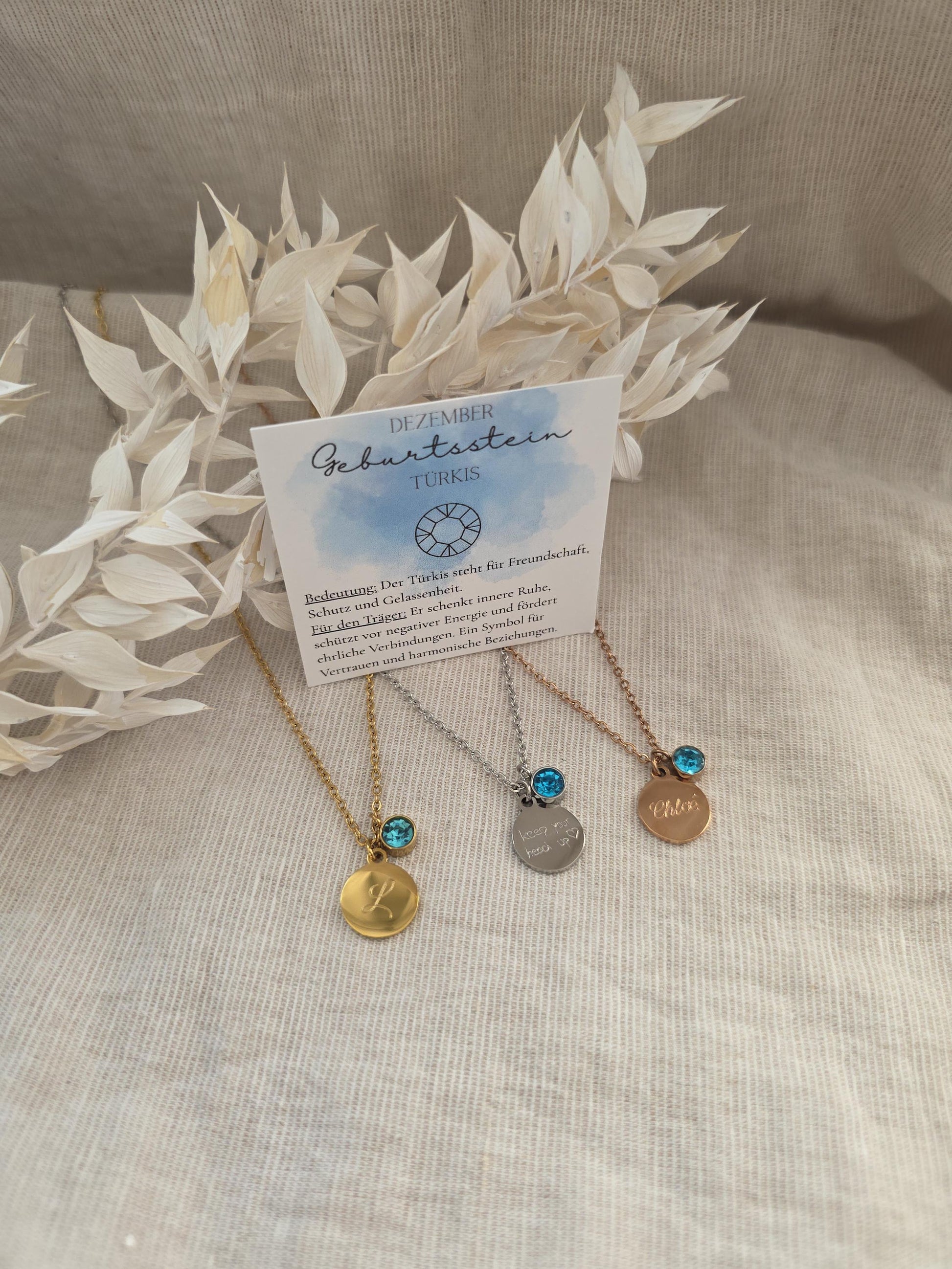 Geburtssteinkette Dezember Türkis | wasserfeste Edelstahl Halskette Gold,Silber,Rosé mit Geburtsstein Anhänger | Geschenk Frau,Mädchen