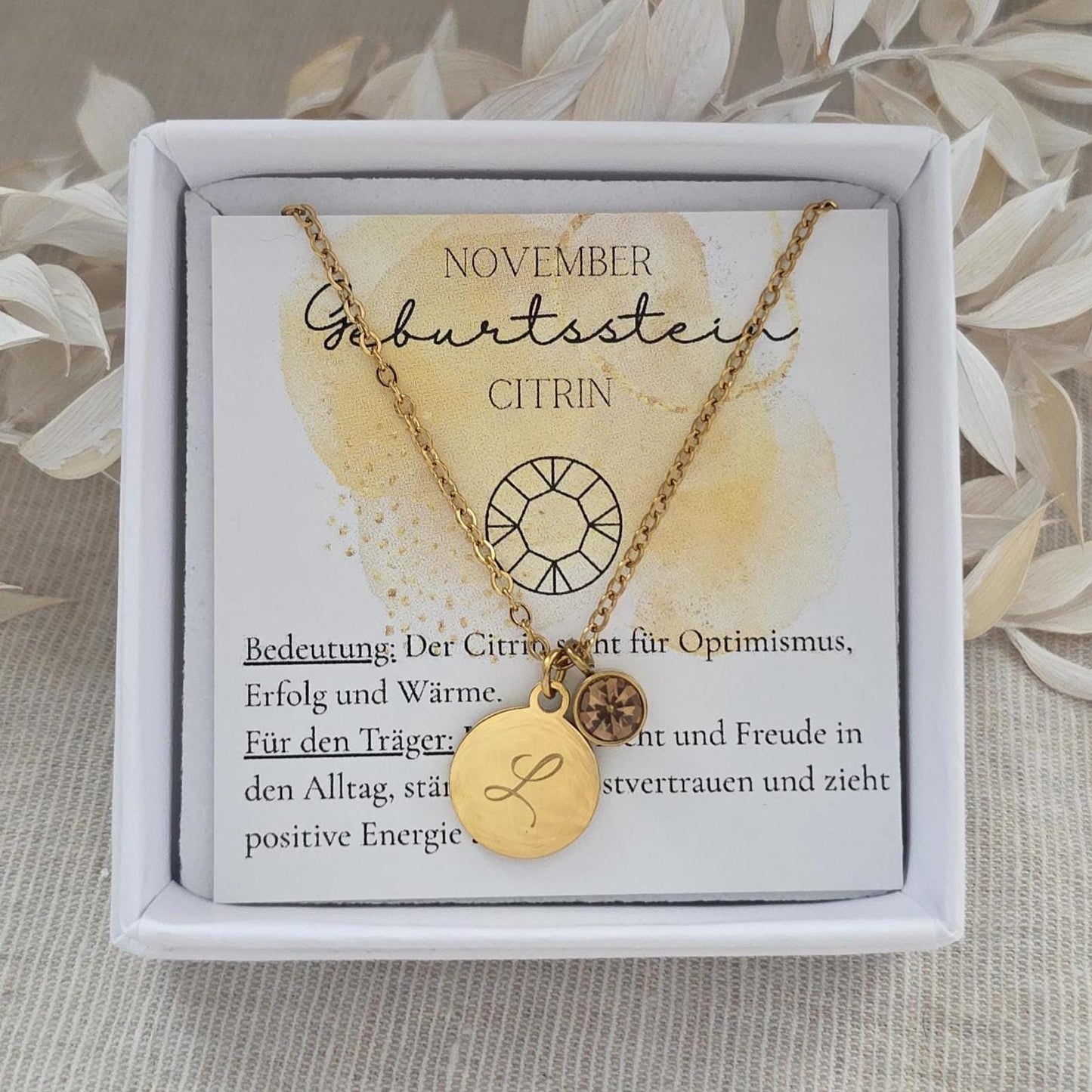 Geburtssteinkette November Citrin | wasserfeste Edelstahl Halskette Gold,Silber,Rosé mit Geburtsstein Anhänger | Geschenk Frau,Mädchen