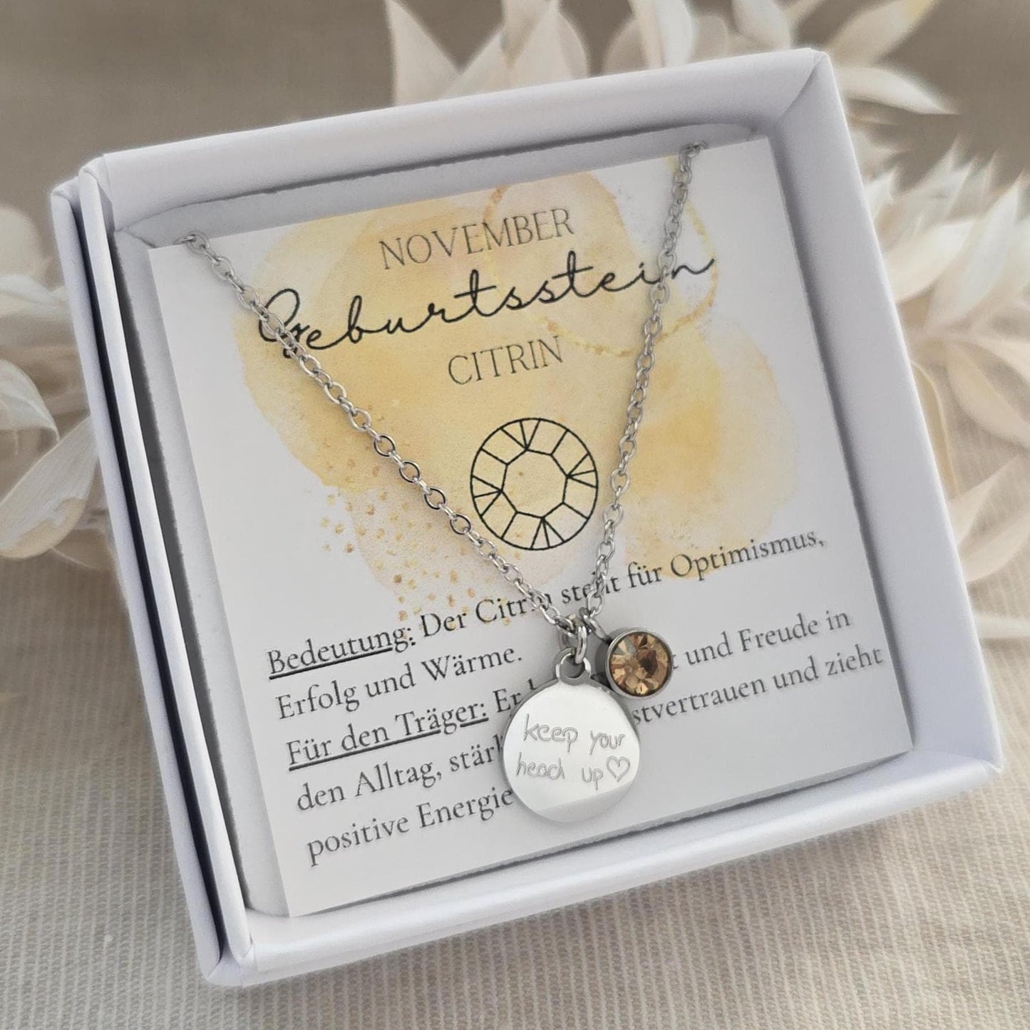 Geburtssteinkette November Citrin | wasserfeste Edelstahl Halskette Gold,Silber,Rosé mit Geburtsstein Anhänger | Geschenk Frau,Mädchen