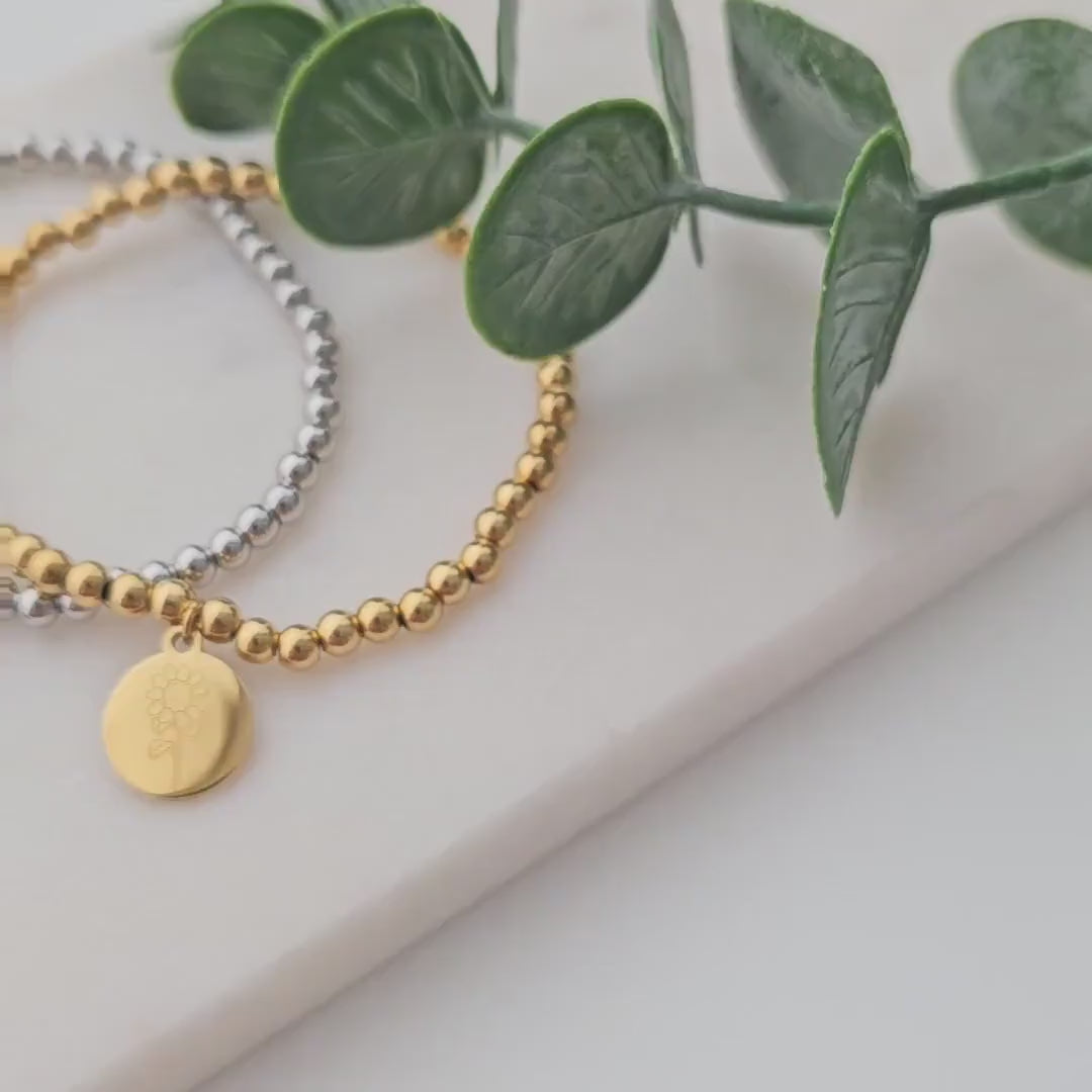 Perlenarmband personalisiert mit Gummizug und Gravur | Armband mit Geburtsstein | Kugelarmband Gold Silber | personalisierte Geschenke