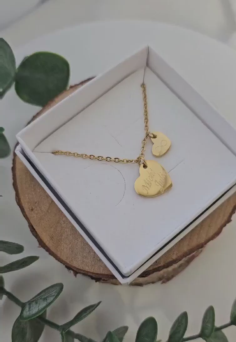 Personalisierte Herz Kette mit 15mm u. 10mm Gravur Anhänger in Gold,Silber,Rosé, Halskette mit Namen, Geschenk Mama, Weihnachtsgeschenk Frau