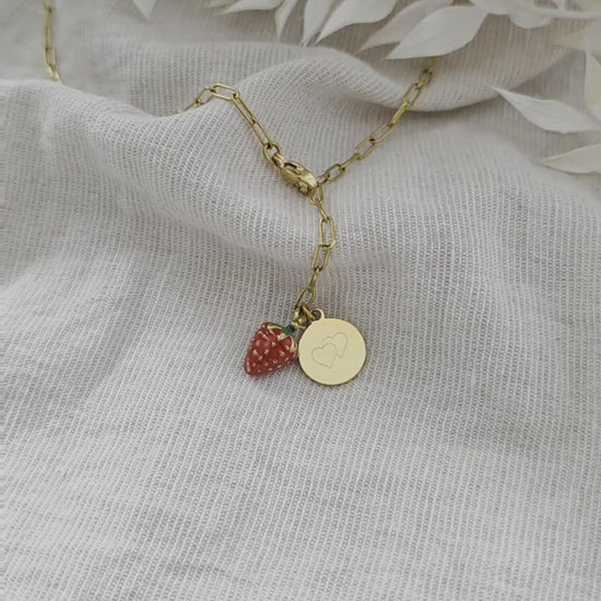 Y-Kette mit Erdbeer Anhänger und Gravur Plättchen | wasserfeste Edelstahl Kette| personalisiertes Geschenk | Halskette mit Erdbeer Charm