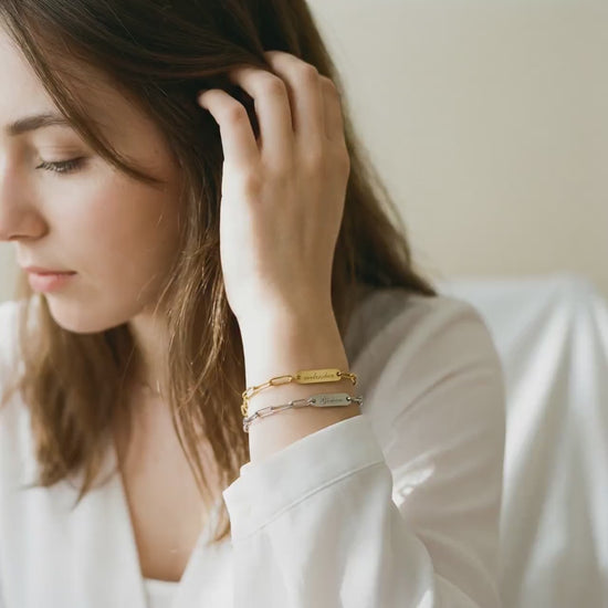 Chunky Armband personalisiert in Gold, Silber | Namens Armband mit Gravurplättchen | personalisiertes Geschenk