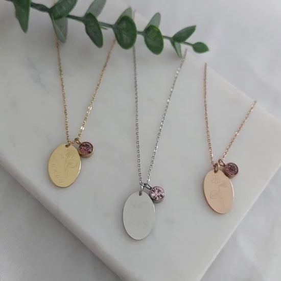 Personalisierte Geburtsstein Kette in Gold, Silber, Rosé mit ovalen 18mm Plättchen Anhängern, personalisiertes Geschenk für Frauen, Freundin