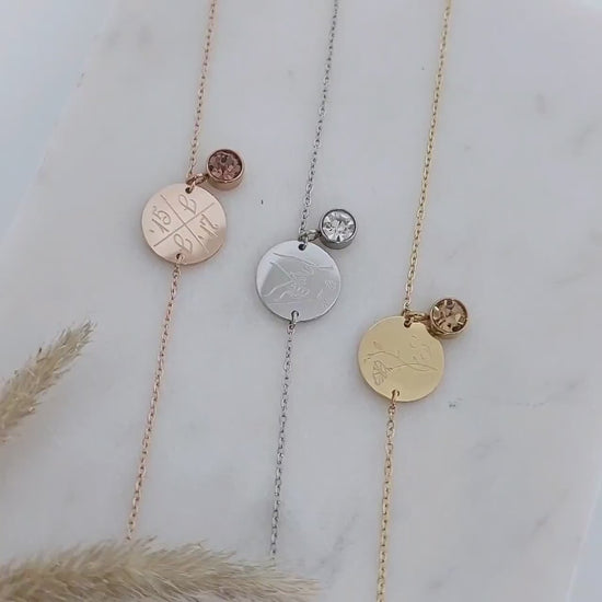 Personalisiertes Geburtsstein Armband in Gold, Silber, Rosé mit 13mm Gravur Plättchen, personalisiertes Geschenk für Mama, Frauen, Freundin